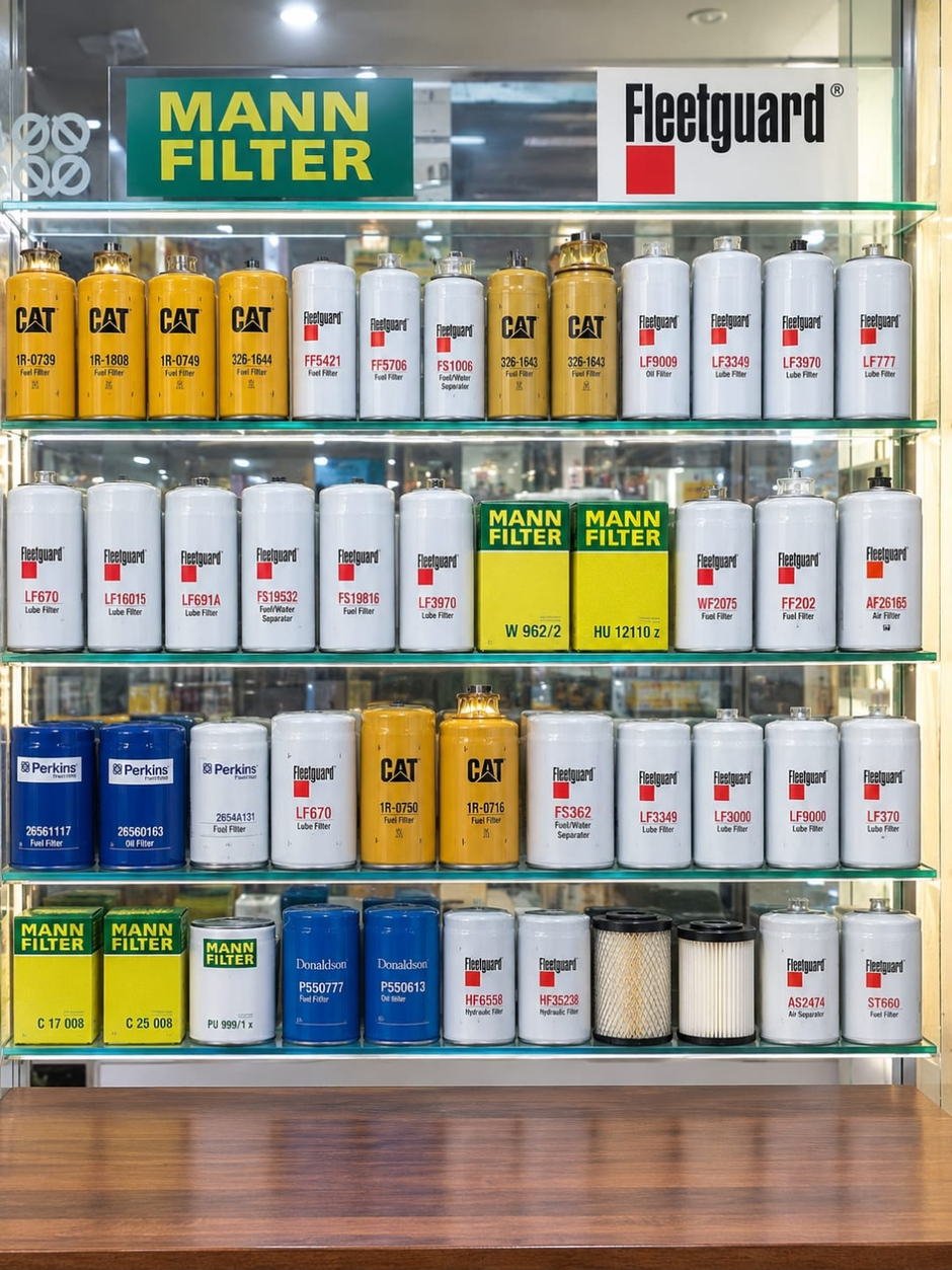 The display case at United Traders, stocked with Fleetguard, CAT, MANN-FILTER, Perkins and Donaldson filters.
