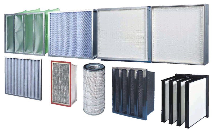 Panel and cartridge air filter elements of several types.