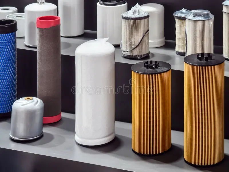 Engine oil and lube filter elements on a workshop shelf.