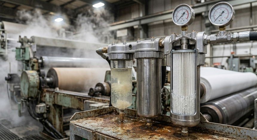 Duplex filter housings with pressure gauges beside a paper machine, steam rising behind them.