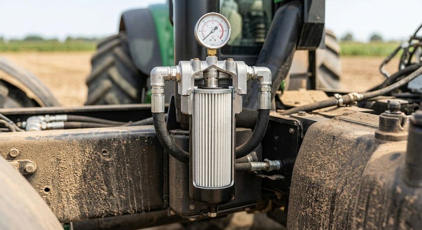 A hydraulic filter and its pressure gauge mounted on a tractor working a field.