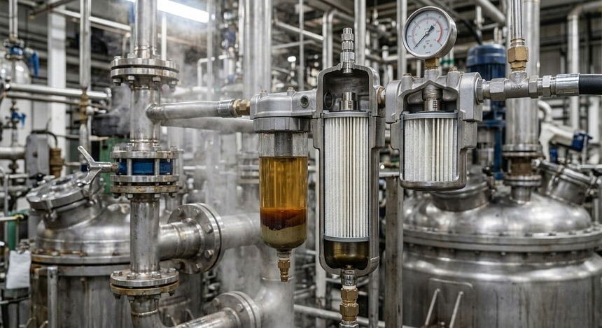 Filter bowls in a stainless process plant, one of them dark with contaminated oil.