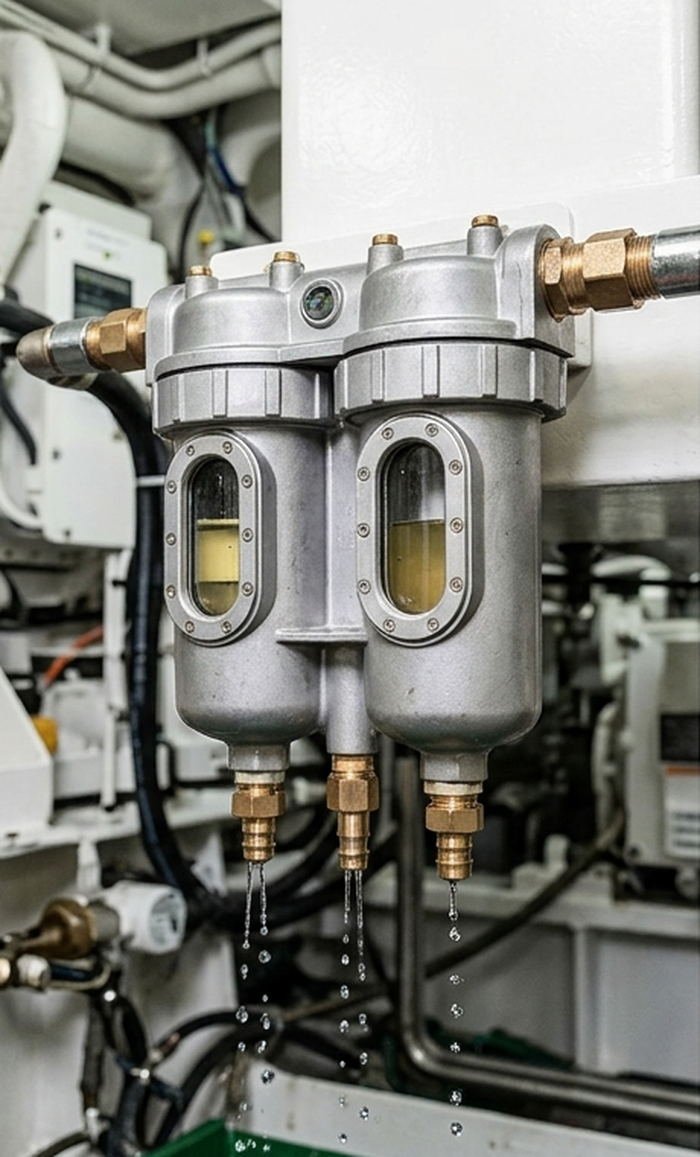A marine duplex filter installation, water draining from the bowls.