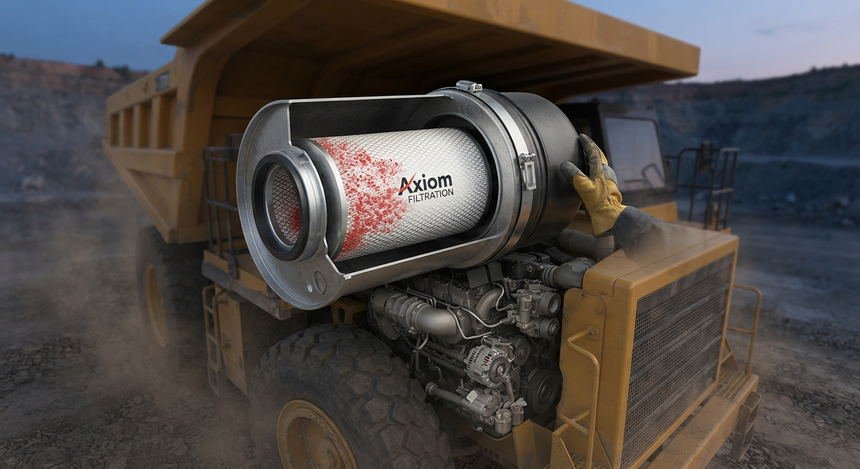A cutaway air filter element held at the engine of a mining haul truck, dust caught in the media.