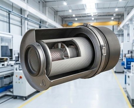 A cutaway filter housing showing the element inside it.